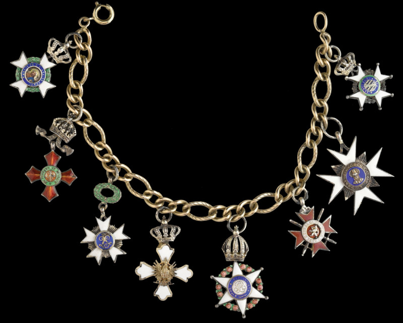 Dress Miniatures, Mounted Group of Eight, in silver-gilt and enamels, comprising...