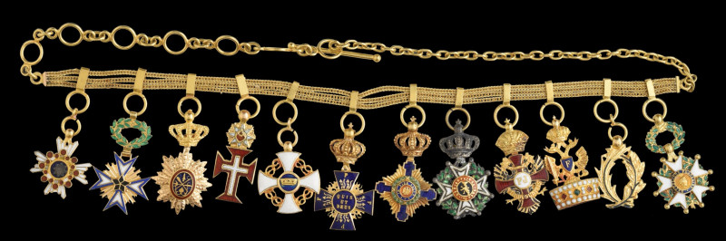 Dress Miniatures, Mounted Group of Twelve, in gold and enamels, comprising, Fran...