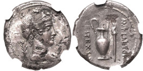 Roman Republic & Imperatorial M. Plaetorius M.f. Cestianus 69 BC AR Fourrée Denarius NGC XF Strike: 5/5 Surface: 1/5, core visible