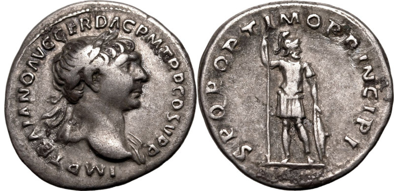 ROMAN EMPIRE. Trajan. 
Silver denarius, AD 104-111. Rome. 
Obv: IMP TRAIANO AV...