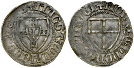 Winrych von Kniprode 1351-1382, Szeląg, Av.: Tarcza wielkiego mistrza, Rv.: Tarcza krzyżacka, Toruń.