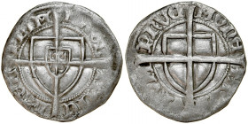 Michał Kuchmeister von Sterberg 1414-1422, Szeląg, Av.: Tarcza wielkiego mistrza, Rv.: Tarcza krzyżacka, krzyż przechodzący przez orła na tarczy....
