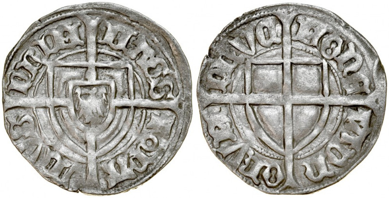 Paweł von Russdorf 1423-1441, Szeląg, Av.: Tarcza wielkiego mistrza, Rv.: Tarcza...