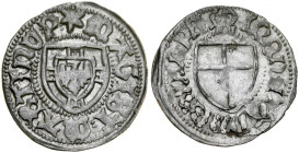 Marcin Truchsess von Wetzhausen 1477-1489, Szeląg, Av.: Tarcza wielkiego mistrza, Rv.: Tarcza krzyżacka.