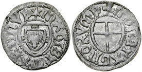 Marcin Truchsess von Wetzhausen 1477-1489, Szeląg, Av.: Tarcza wielkiego mistrza, Rv.: Tarcza krzyżacka.
