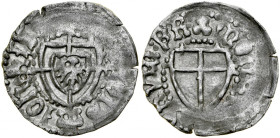 Jan von Tiefen 1489-1497, Szeląg, Av.: Tarcza wielkiego mistrza, Rv.: Tarcza krzyżacka.