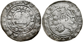 Jan Luksemburski 1310-1346, Grosz praski, Av.: Korona królewska, Rv.: Lew czeski.