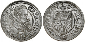 Śląsk, Księstwo Ziębicko-Oleśnickie, Karol II 1587-1617, 3 krajcary 1614, Oleśnica.