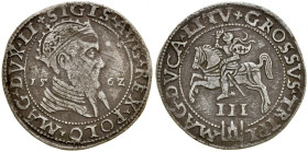 Zygmunt II August 1545-1572, Trojak 1562, Wilno. RR. ciężki, niskopróbny trojak.
