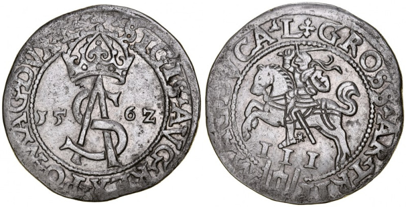 Zygmunt II August 1545-1572, Trojak 1562, Wilno. Kop. 3304, Gum. 620, Pogoń bez ...