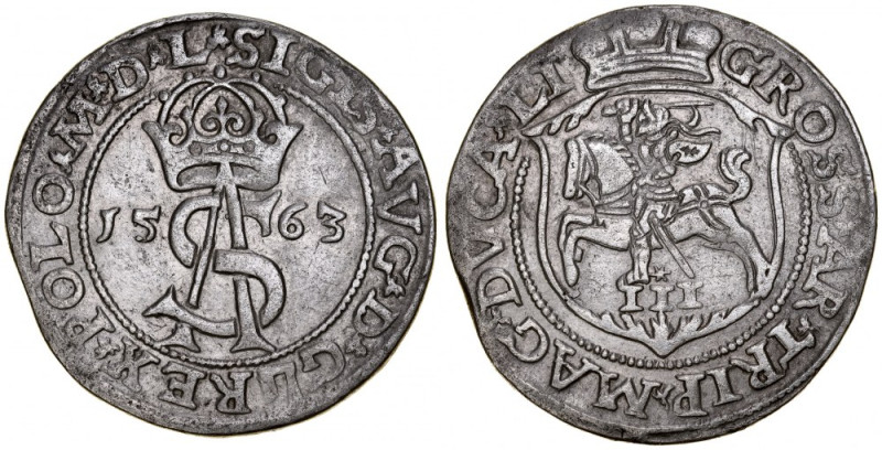 Zygmunt II August 1545-1572, Trojak 1563, Wilno. Kop. 3306,&nbsp;Gum. 622, delik...