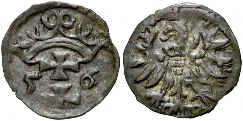 Zygmunt II August 1545-1572, Denar 1556, Gdańsk. Kop. 7352, Gum. 640, poprawna m...