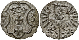 Denar 1573, Gdańsk, Bezkrólewie, kartusz z 7 łuków, RR.