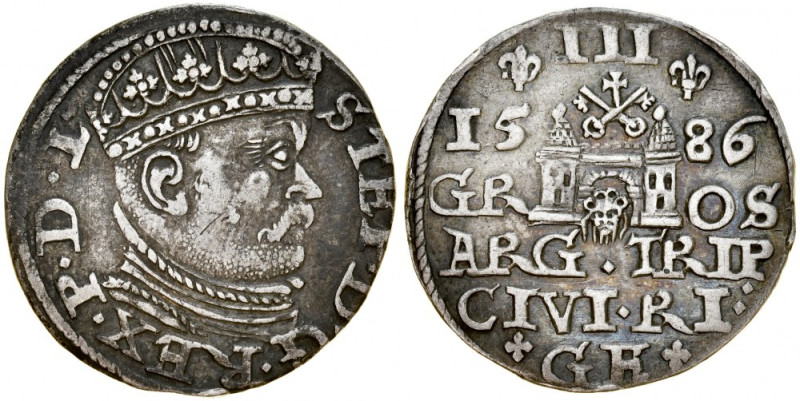 Stefan Batory 1576-1586, Trojak 1586, Ryga. Kop. 8097, Iger R.86.1.a, Gerb. 17a,...