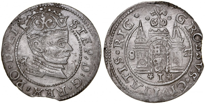 Stefan Batory 1576-1586, Grosz 1582, Ryga. Kop. 8085, Gum. 809, piękny połysk me...