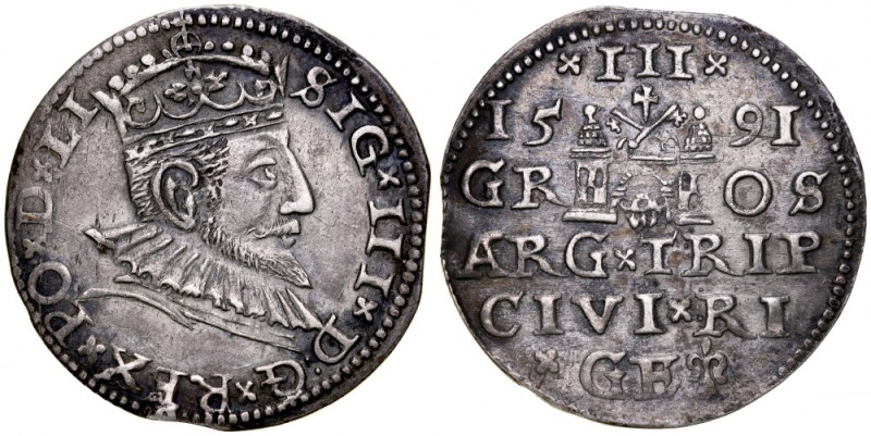 Zygmunt III 1587-1632, Trojak 1591, Ryga. Kop. 8186, Iger R.91.1.v, Gum 1450, pi...