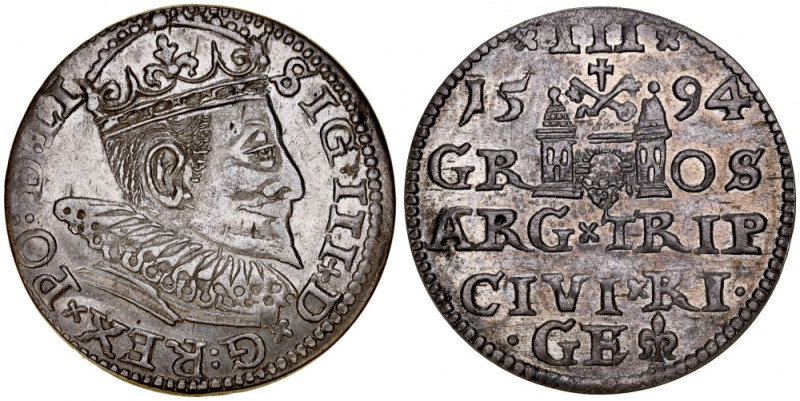 Zygmunt III 1587-1632, Trojak 1594, Ryga. Kop. 8190, Iger R.94.1, Gerb. 13, poły...