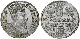 Zygmunt III 1587-1632, Trojak 1595, Olkusz, znak menniczy na końcu legendy.