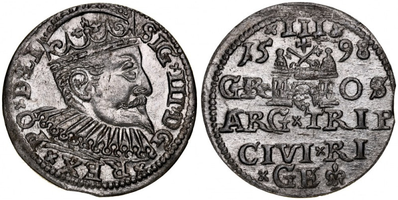 Zygmunt III 1587-1632, Trojak 1598, Ryga. Kop. 8194, Iger R.98.1.var, piękna, os...