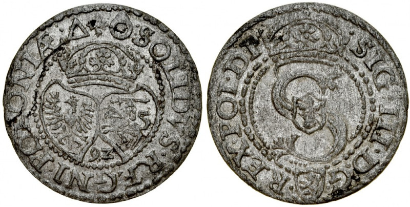 Zygmunt III 1587-1632, Szeląg 1592, Malbork. Kop. 620, Gum. 838, ostry relief.&n...
