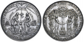 Medal zaślubinowy bez daty (po 1641 roku) autorstwa Jana Hoehna Starszego, Gdańsk. Av.: Para oblubieńców podaje sobie dłonie, nad nimi czuwa Duch Świę...