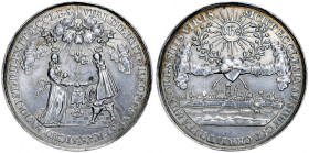 Medal zaślubinowy bez daty( po 1641 roku) autorstwa Jana Hoehna, Gdańsk. Av.: Para oblubieńców, nad ołtarzem, podaje sobie dłonie, nad nimi czuwa Duch...
