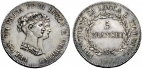 MONETE E MEDAGLIE DI ZECCHE ITALIANE 
 Lucca 
 Elisa Bonaparte e Felice Baciocchi, 1805-1814. Da 5 franchi 1806. Pagani 252. Bellesia 4. MIR 244/2....