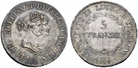 MONETE E MEDAGLIE DI ZECCHE ITALIANE 
 Lucca 
 Elisa Bonaparte e Felice Baciocchi, 1805-1814. Da 5 franchi 1808. Pagani 254a. Bellesia 6. MIR 244/4....