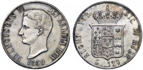 MONETE E MEDAGLIE DI ZECCHE ITALIANE 
 Napoli 
 Francesco II di Borbone, 1859-1860. Piastra da 120 grana 1859. Pagani 481.
 q.Fdc