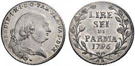MONETE E MEDAGLIE DI ZECCHE ITALIANE 
 Parma 
 Ferdinando di Borbone duca, 1765-1802. Da 6 lire 1796, AR 7,30 g. FERDIN I H I D G PAR PLA VAS DVX Te...