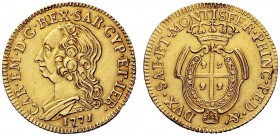 MONETE E MEDAGLIE DI ZECCHE ITALIANE 
 Savoia 
 Monetazione per la Sardegna . Mezzo carlino da 2,5 doppiette sarde 1771, Torino, AV 7,95 g. CAR EM D...