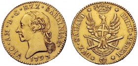 MONETE E MEDAGLIE DI ZECCHE ITALIANE 
 Savoia 
 Vittorio Amedeo III, 1773-1796. Doppia nuova 1793, Torino, AV 9,09 g. VIC AM D G REX SARDINIAE Testa...
