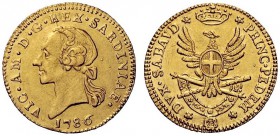 MONETE E MEDAGLIE DI ZECCHE ITALIANE 
 Savoia 
 Vittorio Amedeo III, 1773-1796. Mezza doppia nuova 1786, Torino, AV 4,52 g. VIC AM D G REX SARDINIAE...