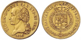 MONETE E MEDAGLIE DI ZECCHE ITALIANE 
 Savoia 
 Vittorio Emanuele I, 1802-1821. Monetazione decimale. Da 20 lire 1816. Torino. Pagani 4. MIR 1028a....