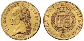 MONETE E MEDAGLIE DI ZECCHE ITALIANE 
 Savoia 
 Vittorio Emanuele I, 1802-1821. Monetazione decimale. Da 20 lire 1820. Torino. Pagani 8. MIR 1028e....