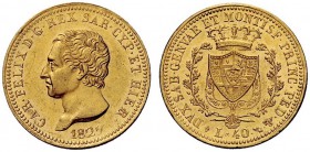 MONETE E MEDAGLIE DI ZECCHE ITALIANE 
 Savoia 
 Carlo Felice, 1821-1831. Da 40 lire 1825. Torino. Pagani 42. MIR 1033c.
 Rara. Migliore di Spl