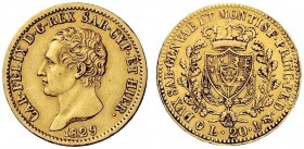 MONETE E MEDAGLIE DI ZECCHE ITALIANE 
 Savoia 
 Carlo Felice, 1821-1831. Da 20 lire 1829. Genova. Pagani 57. MIR 1034n.
 Molto rara. Buon BB