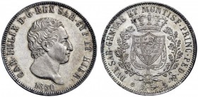MONETE E MEDAGLIE DI ZECCHE ITALIANE 
 Savoia 
 Carlo Felice, 1821-1831. Da 5 lire 1830. Genova. Pagani 78. MIR 1035p.
 Migliore di Spl
