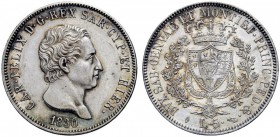 MONETE E MEDAGLIE DI ZECCHE ITALIANE 
 Savoia 
 Carlo Felice, 1821-1831. Da 5 lire 1830. Torino. Pagani 79a. MIR 1035r.
 Spl