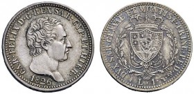 MONETE E MEDAGLIE DI ZECCHE ITALIANE
Savoia
Carlo Felice, 1821-1831. Lira 1826. Torino. Pagani 100. MIR 1037c.
Patina di medagliere. Spl