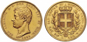 MONETE E MEDAGLIE DI ZECCHE ITALIANE 
 Savoia 
 Carlo Alberto, 1831-1849. Da 100 lire 1835. Torino. Pagani 141. MIR 1043g.
 q.Spl / Spl