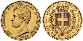 MONETE E MEDAGLIE DI ZECCHE ITALIANE 
 Savoia 
 Carlo Alberto, 1831-1849. Da 100 lire 1835. Torino. Pagani 141. MIR 1043g.
 Migliore di BB