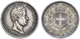 MONETE E MEDAGLIE DI ZECCHE ITALIANE 
 Savoia 
 Carlo Alberto, 1831-1849. Da 2 lire 1833. Genova. Pagani 269. MIR 1048c.
 Molto rara. Patina di med...