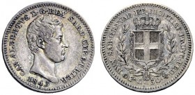 MONETE E MEDAGLIE DI ZECCHE ITALIANE 
 Savoia 
 Carlo Alberto, 1831-1849. Da 50 centesimi 1843. Torino. Pagani 324. MIR 1050j.
 Molto rara. q.Spl