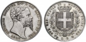 MONETE E MEDAGLIE DI ZECCHE ITALIANE 
 Savoia 
 Vittorio Emanuele II re di Sardegna, 1849-1861. Da 5 lire 1850. Genova. Pagani 370. MIR 1057a.
 Rar...