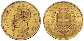 MONETE E MEDAGLIE DI ZECCHE ITALIANE 
 Savoia 
 Regno d’Italia. Vittorio Emanuele II, 1861-1878. Da 10 lire 1863 diam. 19 mm. Torino. Pagani 477a. M...