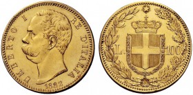 MONETE E MEDAGLIE DI ZECCHE ITALIANE 
 Savoia 
 Umberto I, 1878-1900. Da 100 lire 1882. Pagani 568. MIR 1096b.
 Molto rara. Tracce di montatura, al...