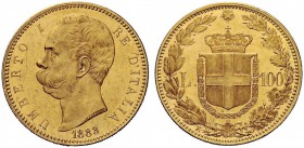 MONETE E MEDAGLIE DI ZECCHE ITALIANE 
 Savoia 
 Umberto I, 1878-1900. Da 100 lire 1883. Pagani 569. MIR 1096c.
 Rara. Segnetti al dritto, altriment...