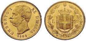 MONETE E MEDAGLIE DI ZECCHE ITALIANE 
 Savoia 
 Umberto I, 1878-1900. Da 20 lire 1884. Pagani 580. MIR 1098i.
 Molto rara. q.Fdc