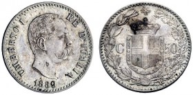 MONETE E MEDAGLIE DI ZECCHE ITALIANE 
 Savoia 
 Umberto I, 1878-1900. Da 50 centesimi 1889. Pagani 608. MIR 1104a.
 Rara. Migliore di Spl